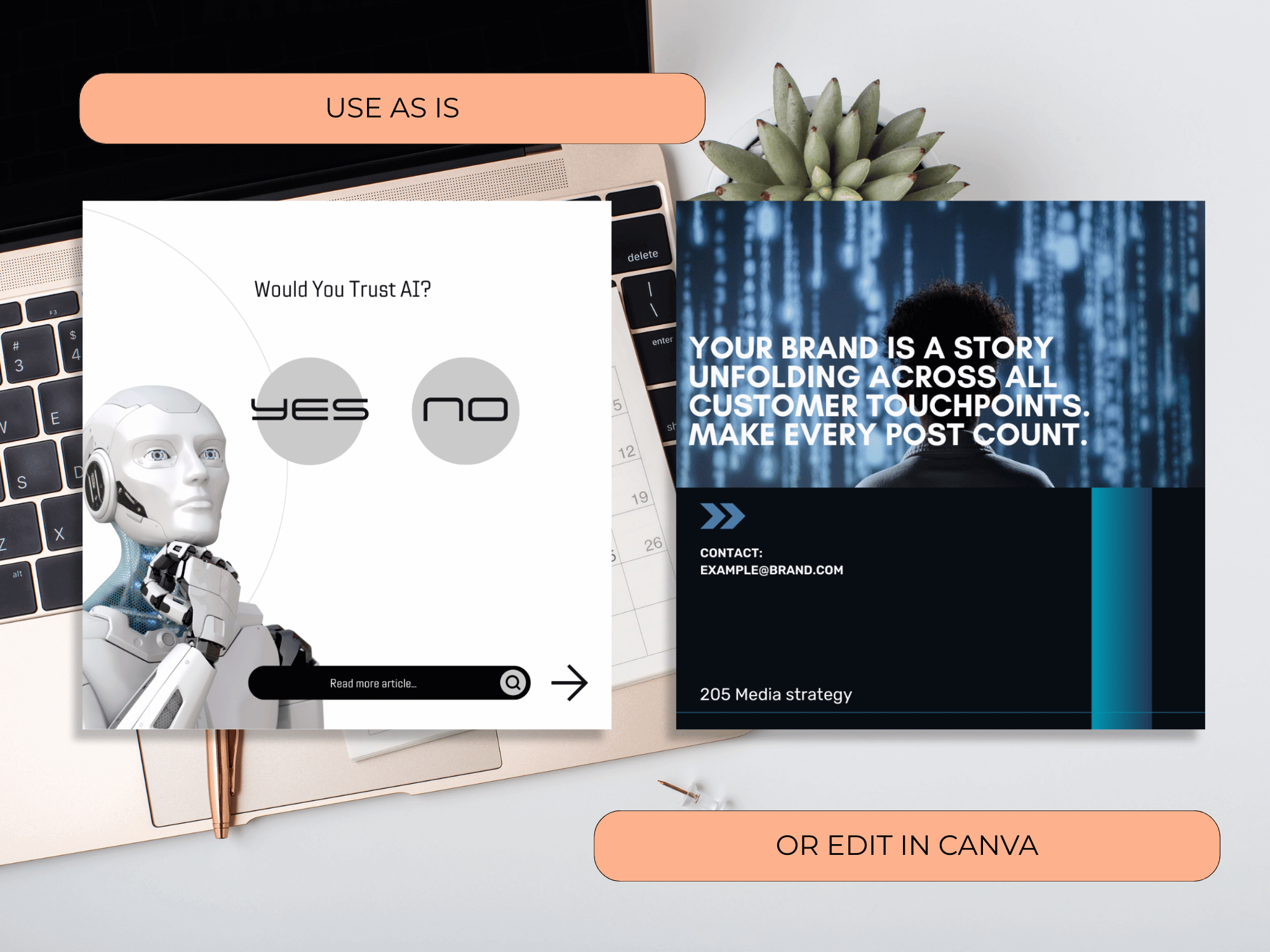 Two digital design templates on a desk with a laptop and plant, featuring questions about trust with AI and branding strategies.