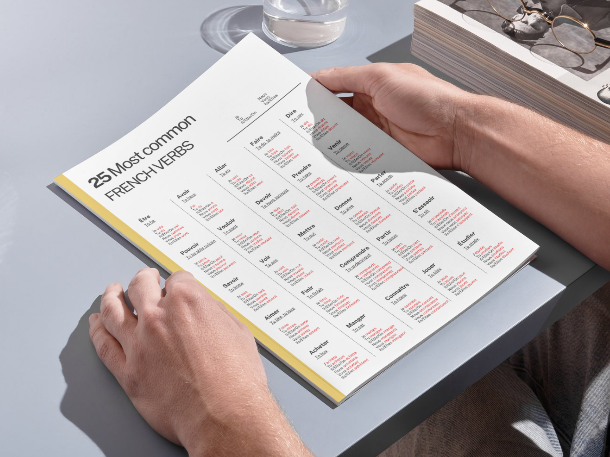 Person holding a book with a French verb chart on a light gray surface