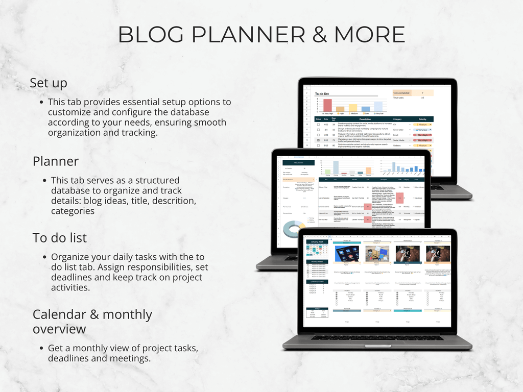Laptops displaying a blog planner and to-do list application on a light gray background.