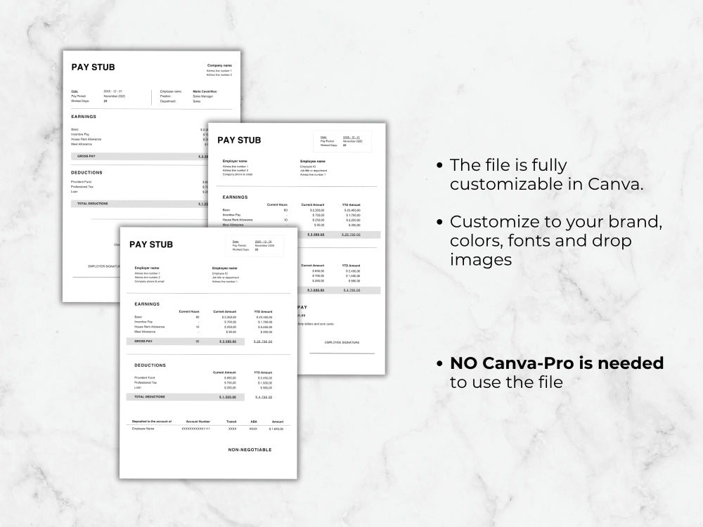 Three examples of the pay stub template