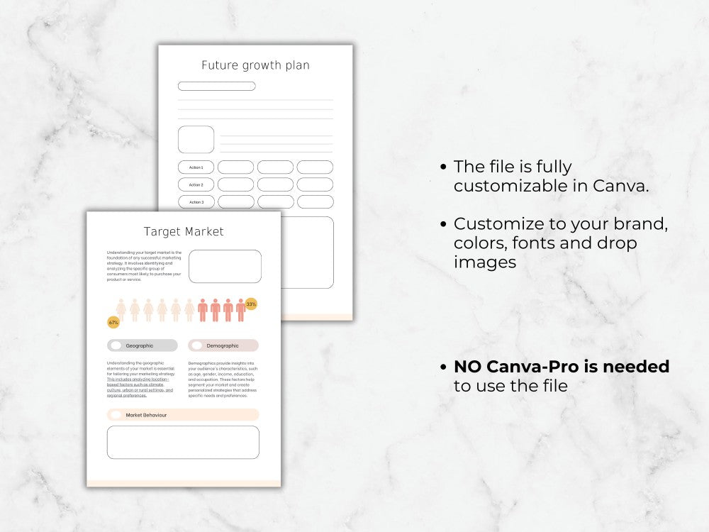 Two customizable templates for a future growth plan and target market analysis on a marble surface.