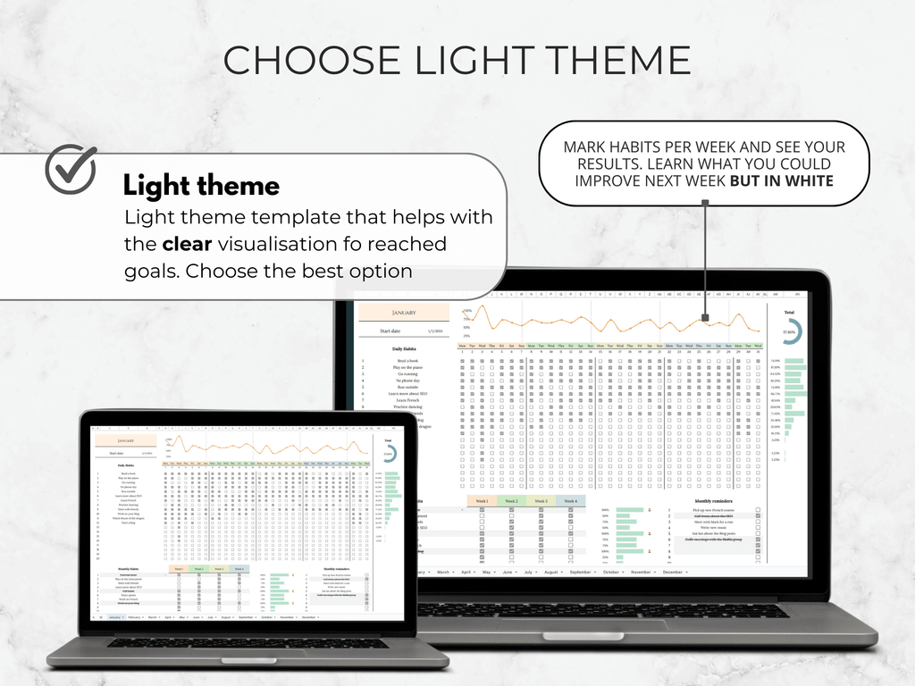 Two laptops displaying a habit tracking app with text on a light theme.