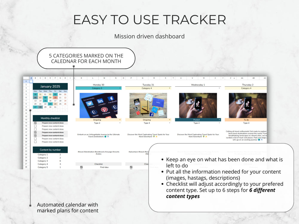 Mission driven dashboard with calendar and content management features on a light background
