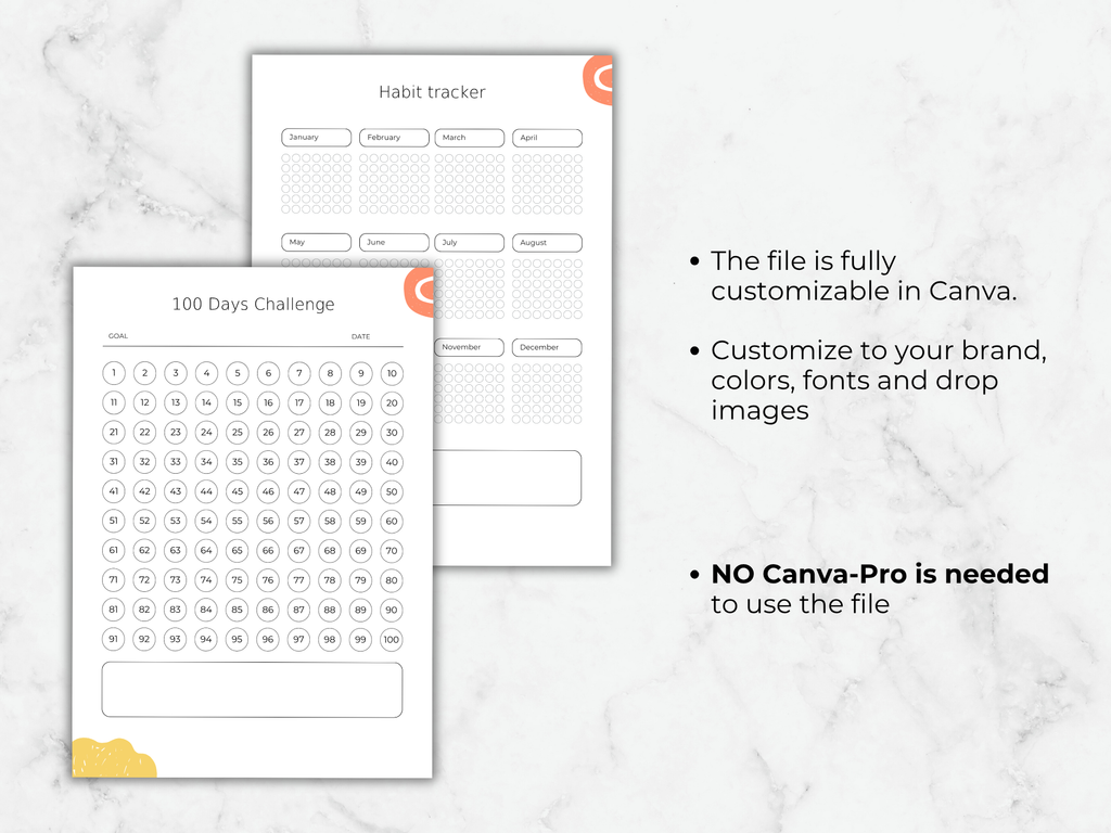 Habit tracker and 100 Days Challenge planner on a marble background with text about customization options.