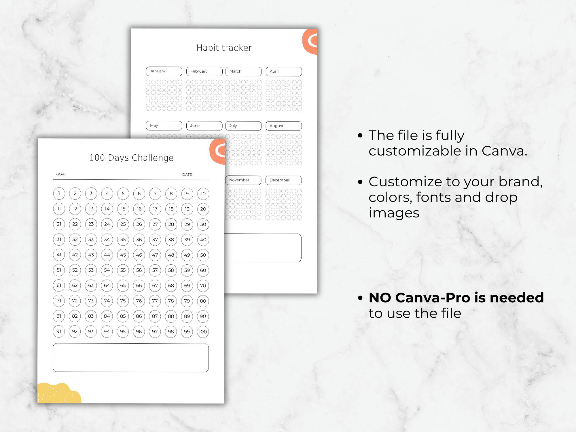 Habit tracker and 100 Days Challenge planner on a marble background with text about customization options.
