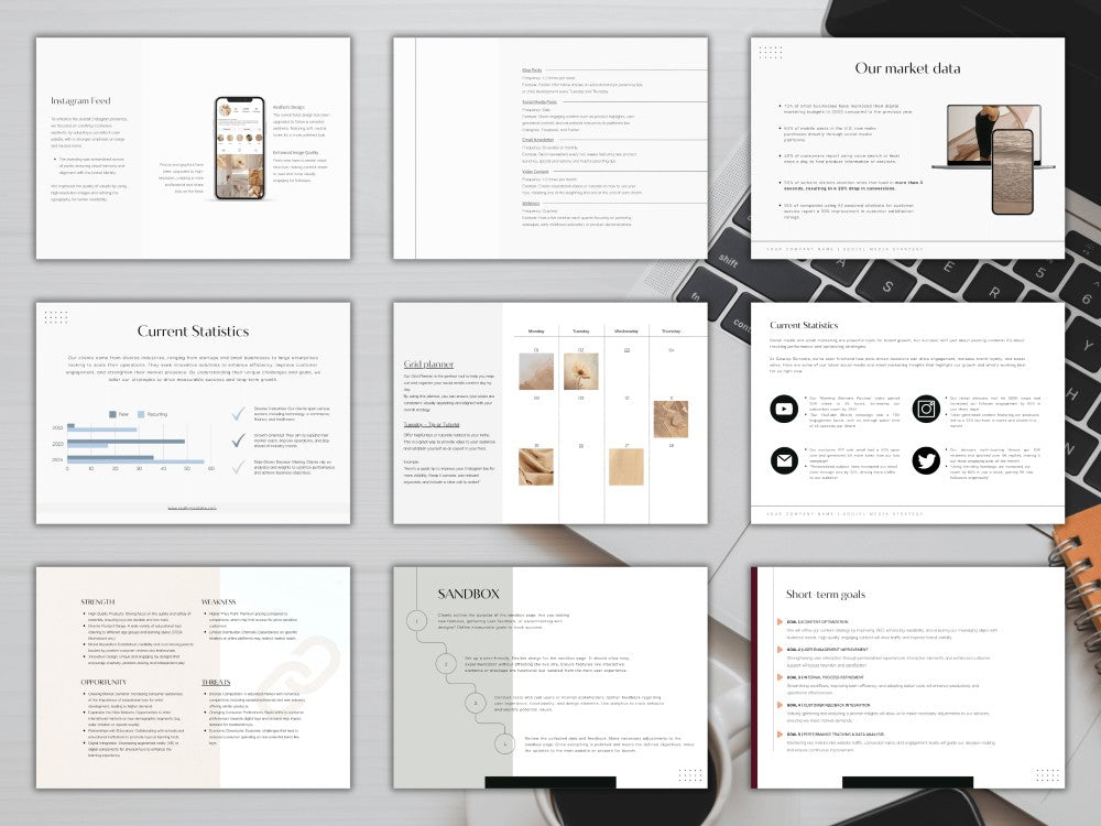Collection of digital pages on a desk with a laptop and smartphone.