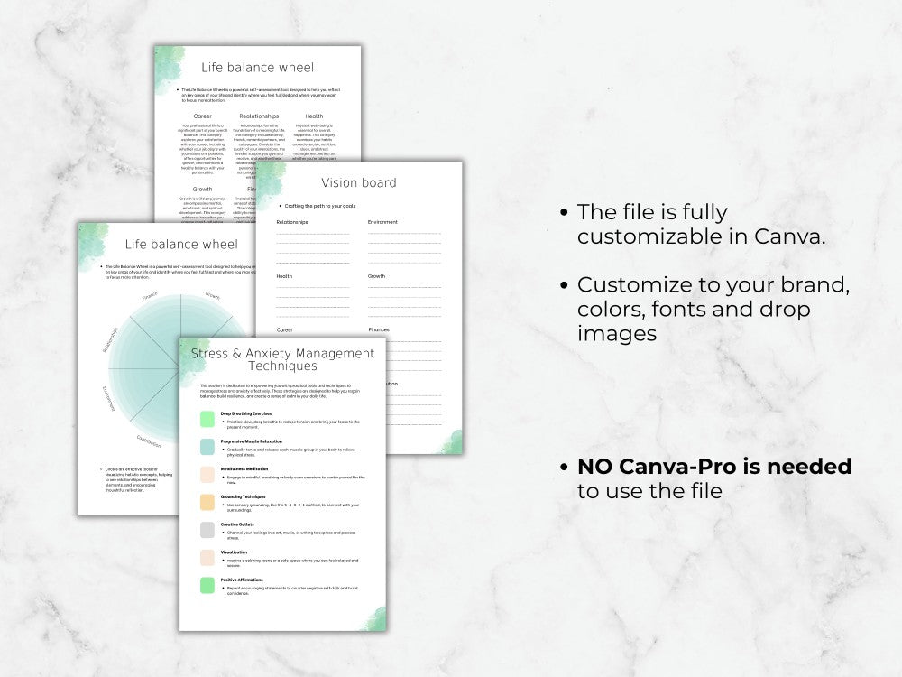 Three customizable design templates on a marble background with text about Canva customization.