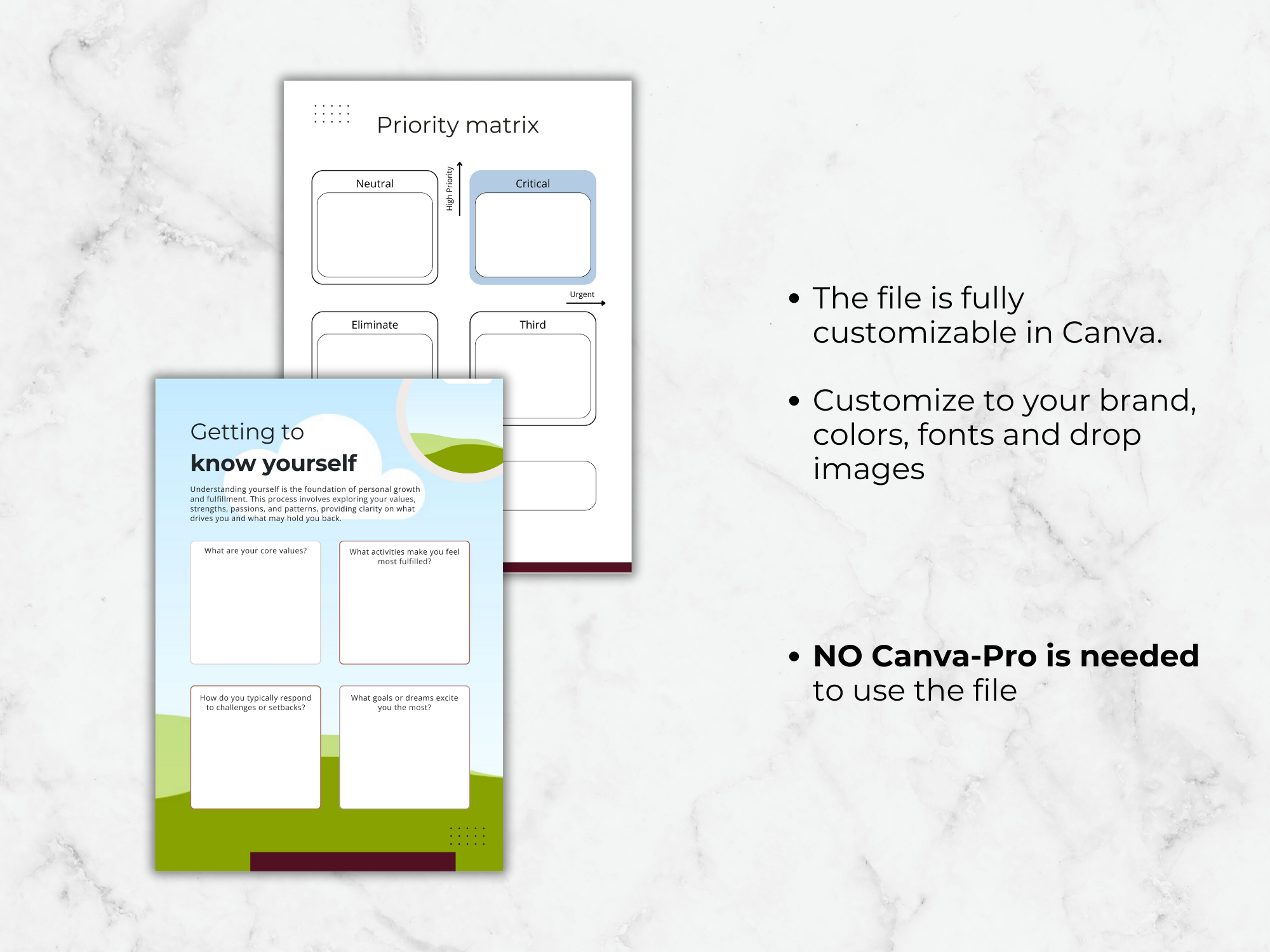 Two customizable templates on a marble background with text about Canva customization.