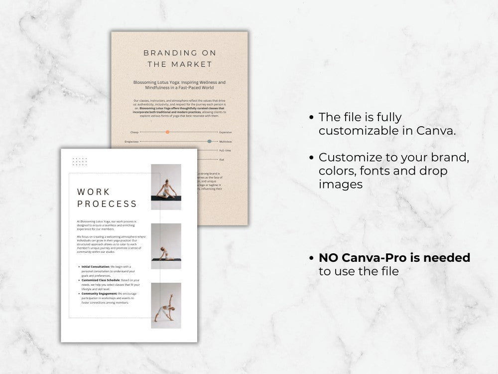 Two document mockups on a marble surface with text about customization options.