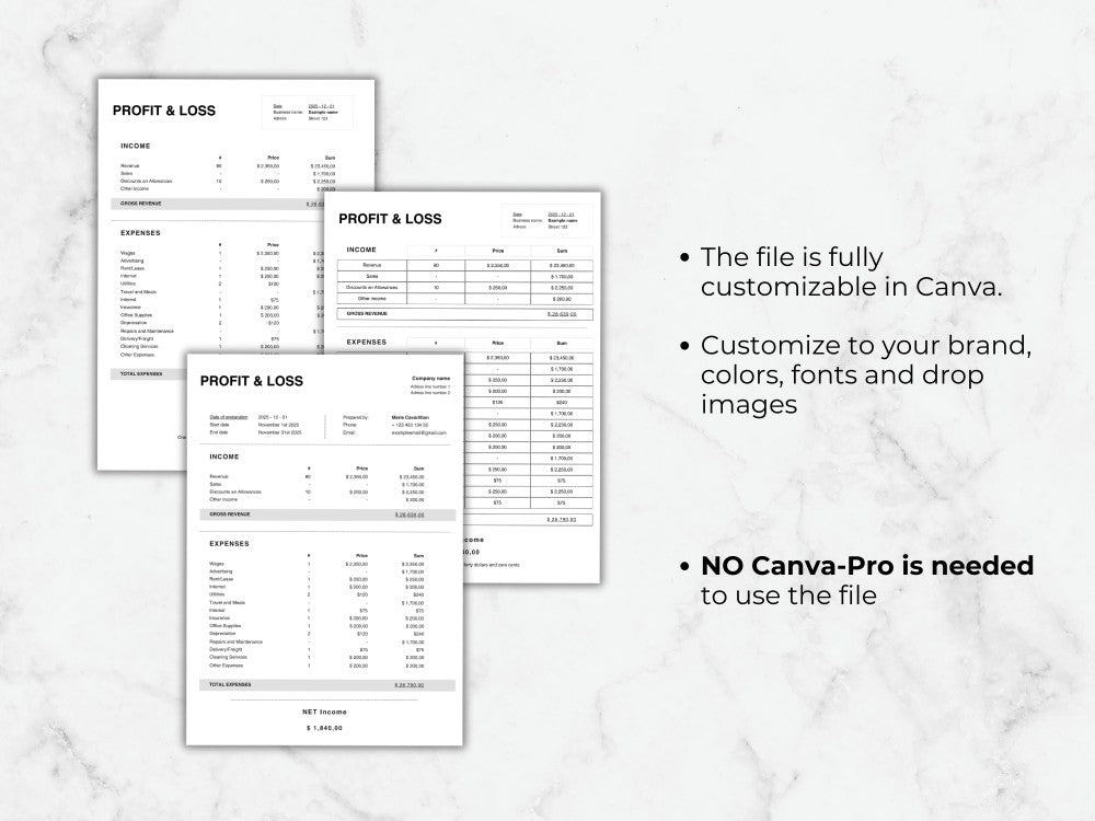Profit and loss sheets on a marble background with text about customization options.