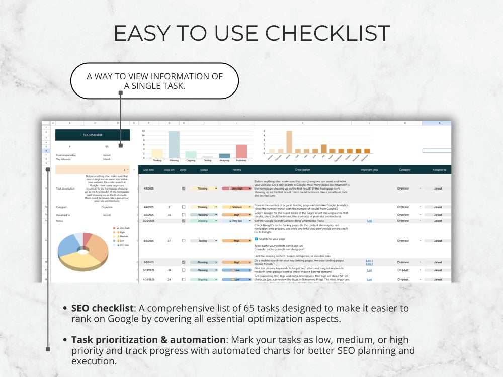Checklist software interface with charts and text on a light background