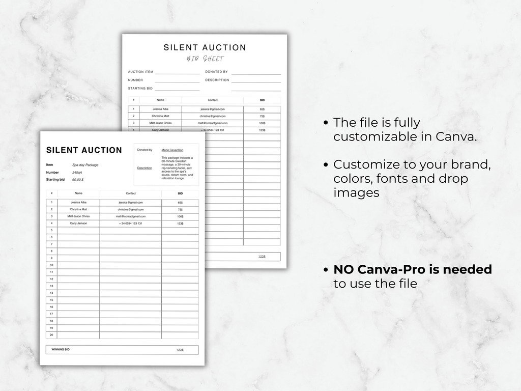 Silent Auction Bid Sheet Template