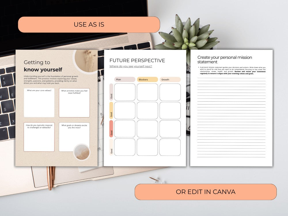 Planner pages with text and checkboxes on a desk with a laptop and plant.