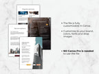 Collection of customizable brochure templates on a marble background with text about Canva usage.