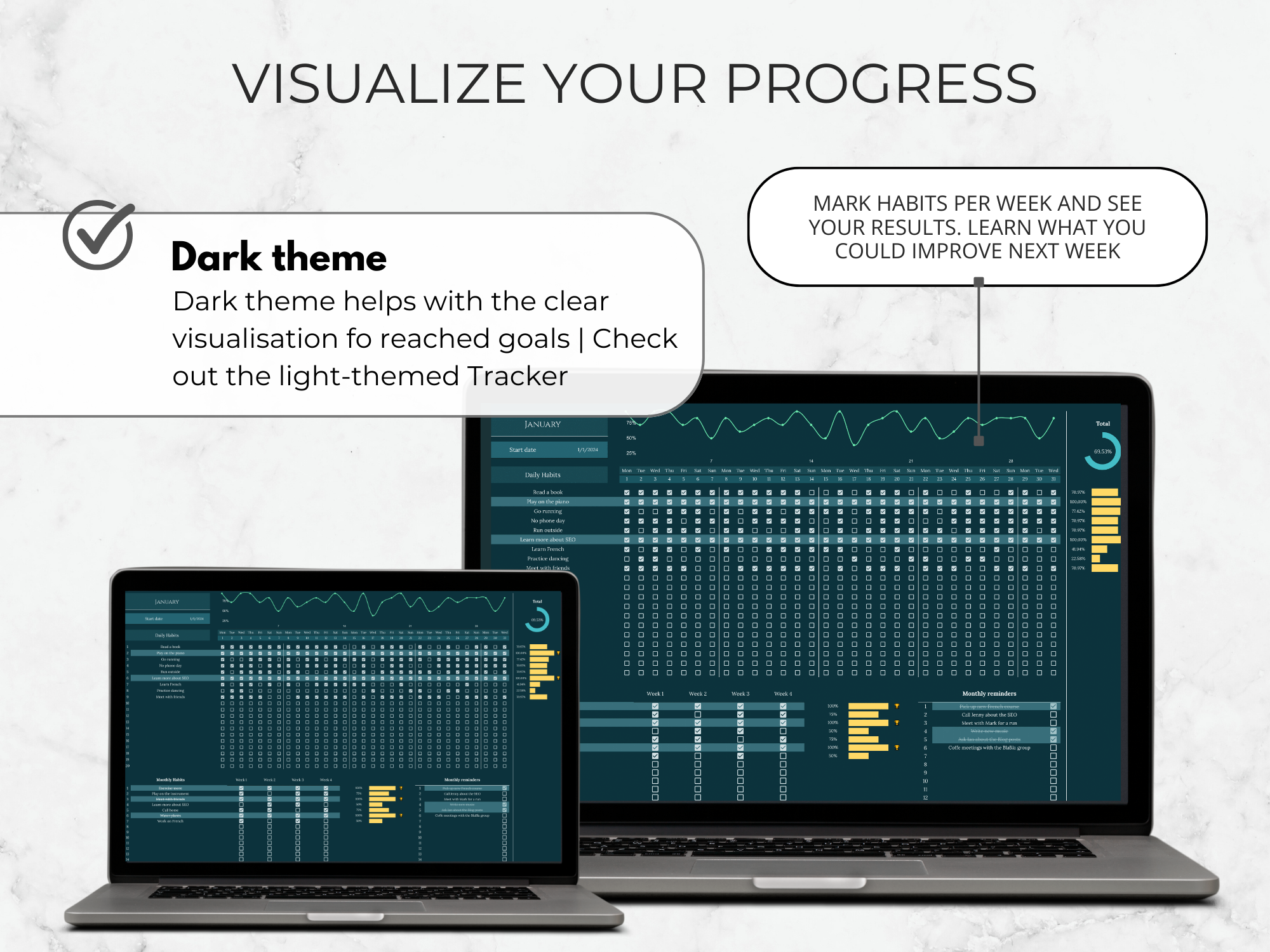 Two laptops displaying a digital tracking app with text about dark theme benefits on a light gray background.