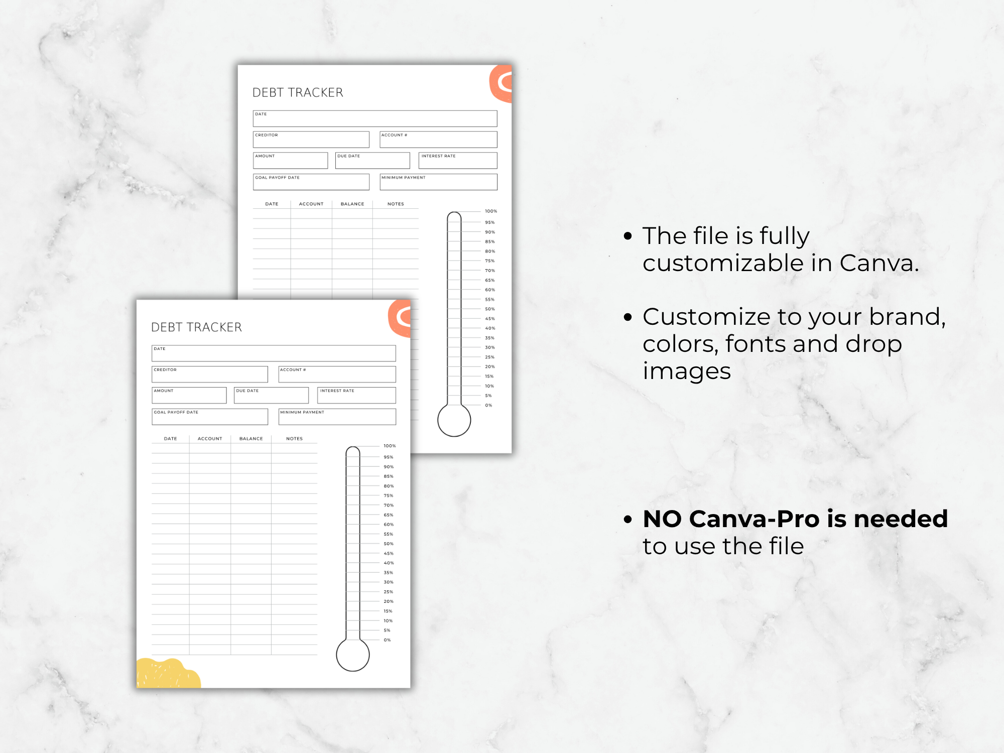 Two debt tracker templates on a marble surface with text about customization options.