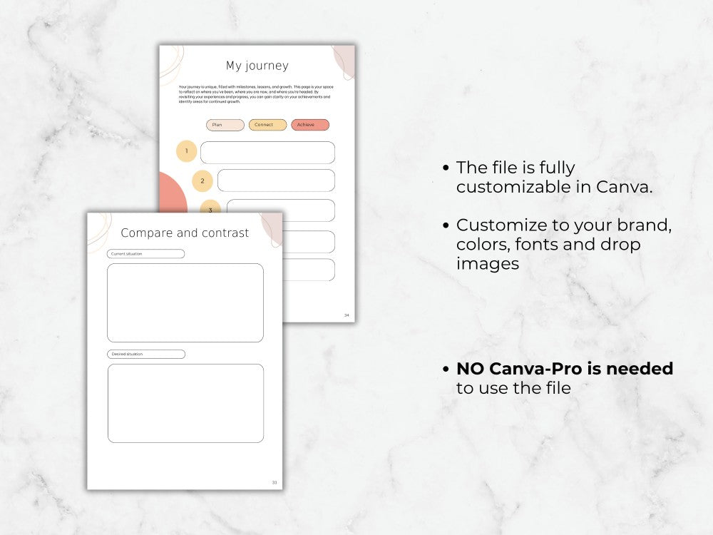 Two design templates on a marble surface with text about customization options.