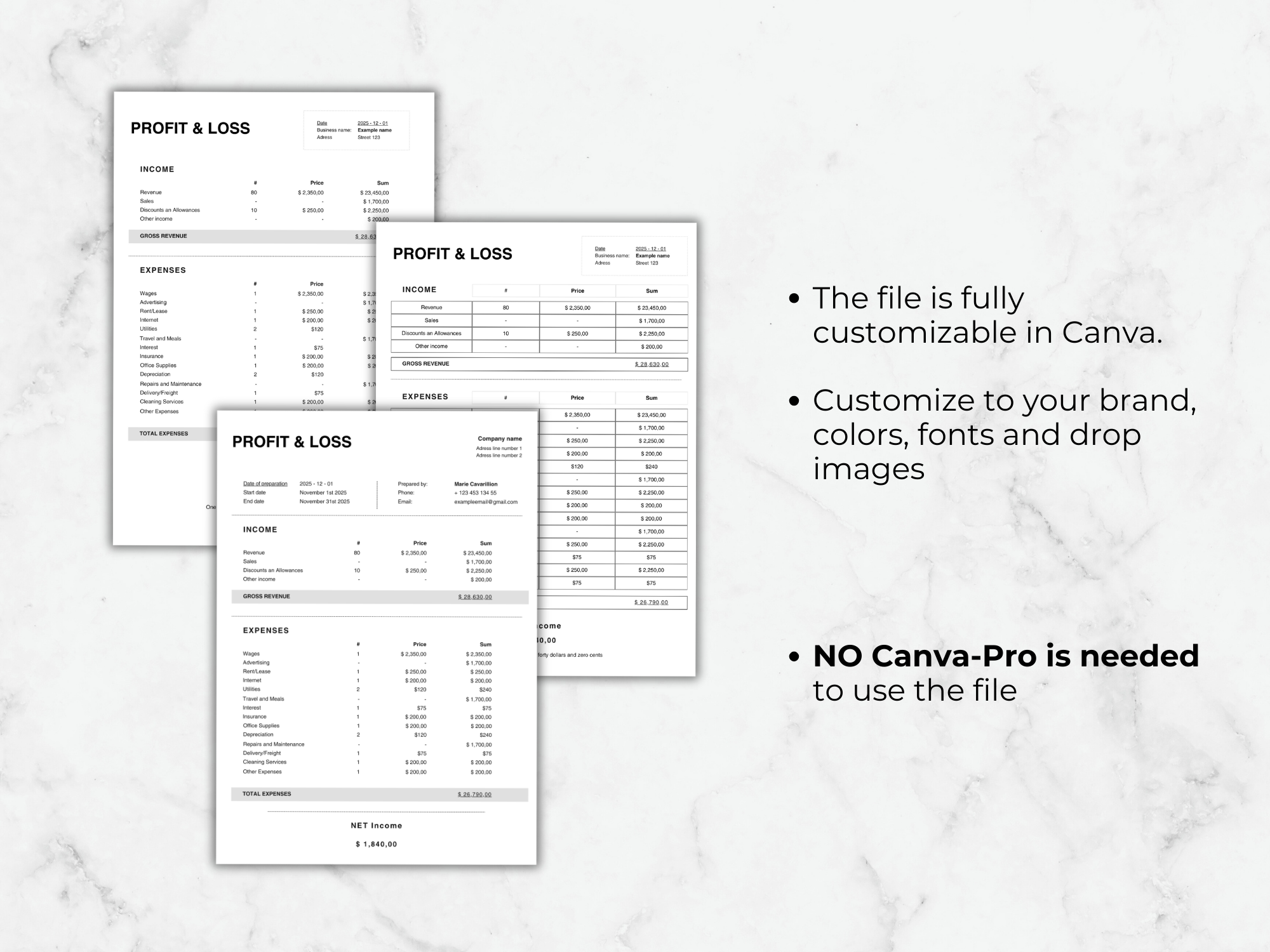 Profit and Loss Statement Template, Small Business P&L Statement