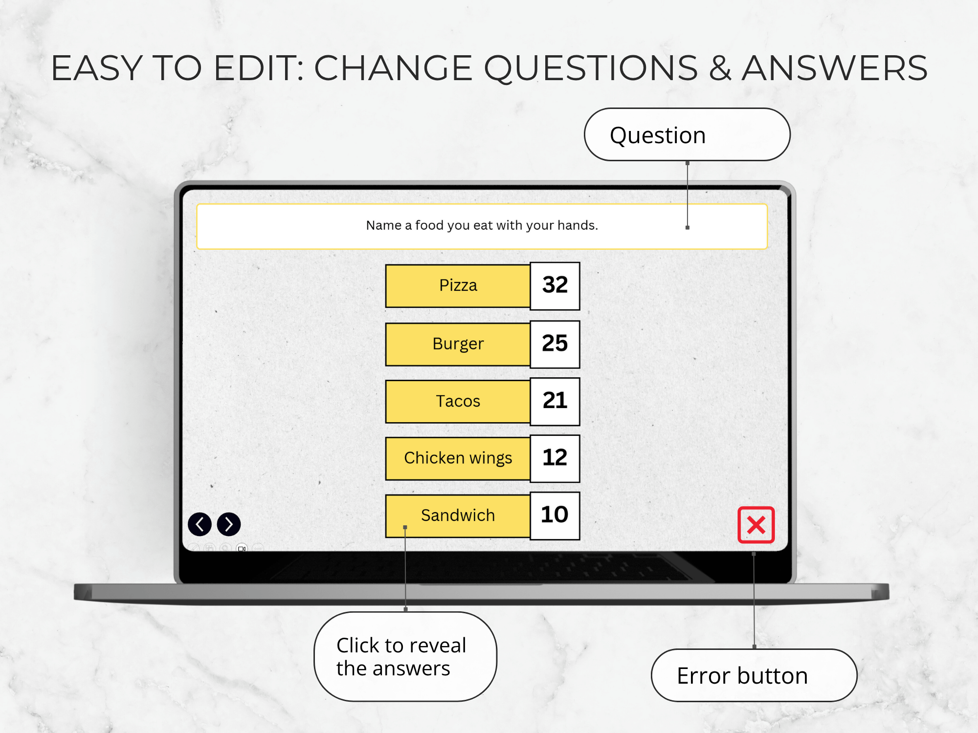 Interactive quiz interface on a laptop screen with question and answer options.