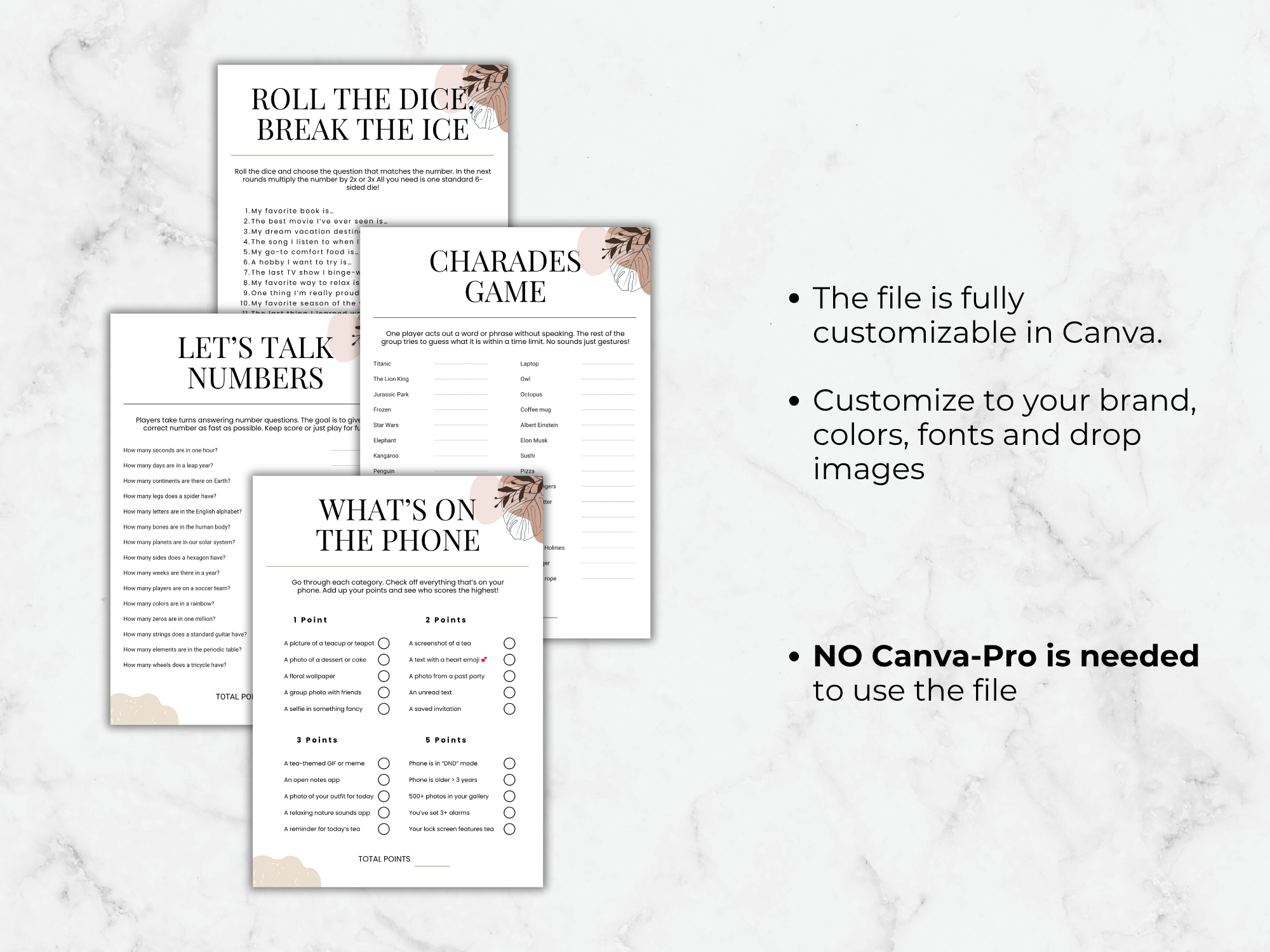 Set of customizable game cards on a marble background with text about Canva customization.