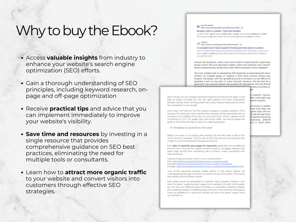 Ebook pages on a marble background with text about SEO benefits.