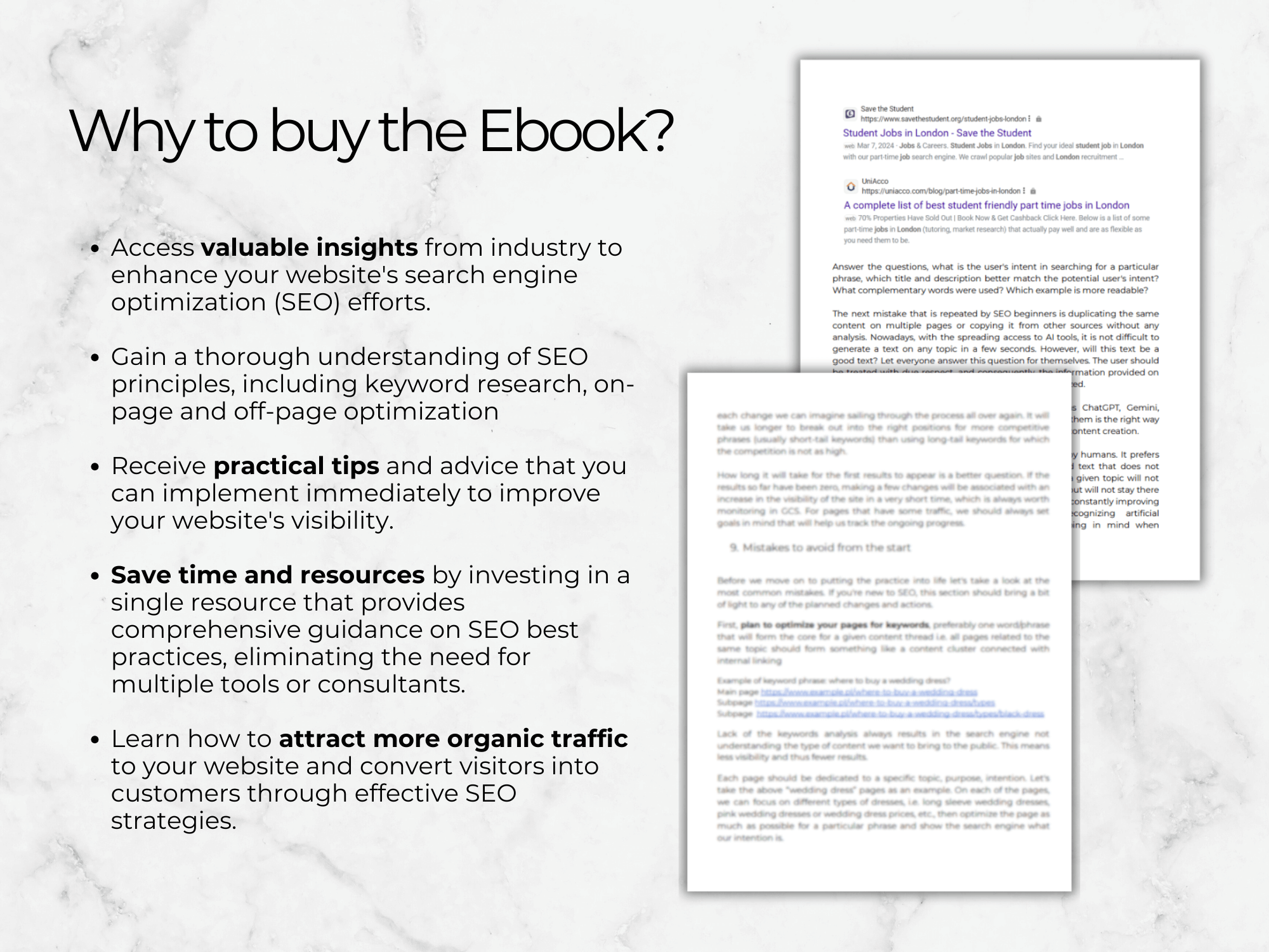 Ebook pages on a marble background with text about SEO benefits.