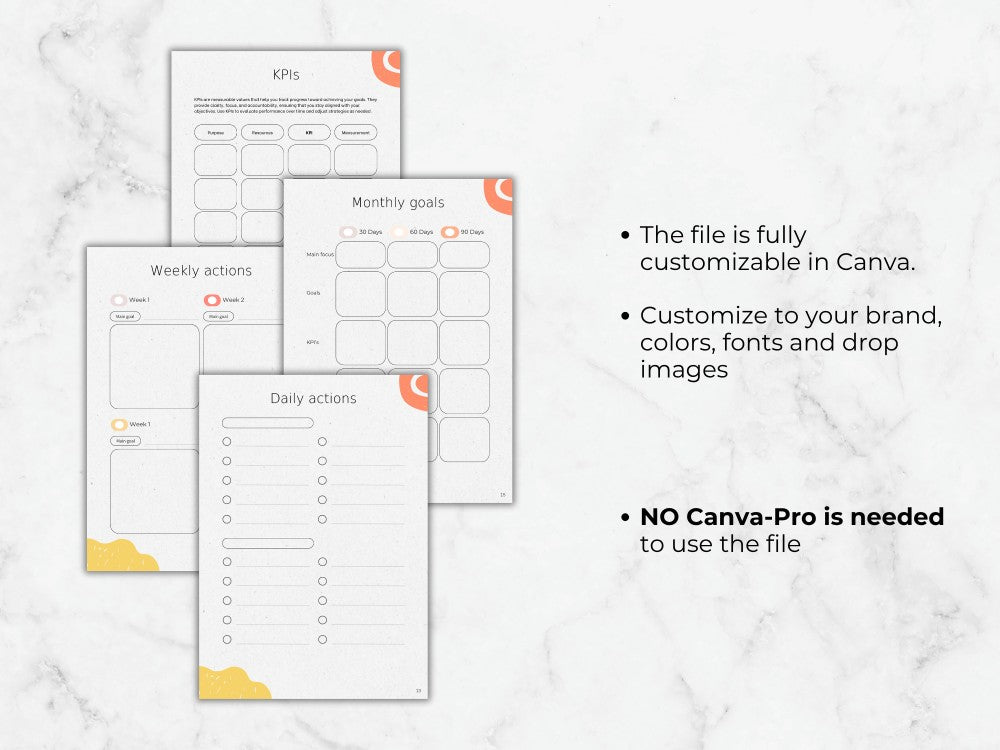 Set of customizable planner templates on a marble surface with text about Canva customization.