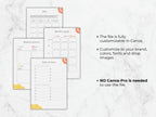 Set of customizable planner templates on a marble surface with text about Canva customization.
