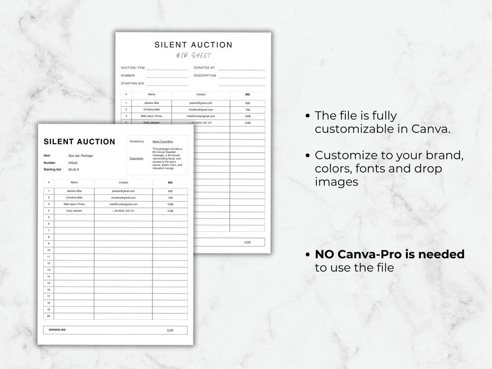 Two silent auction bid sheets on a marble surface with text about customization options.