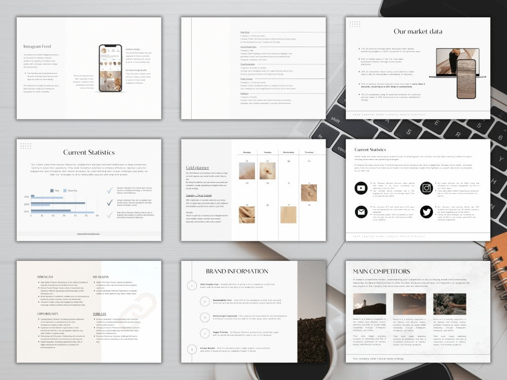 Collection of digital pages on a desk with a laptop and coffee cup.