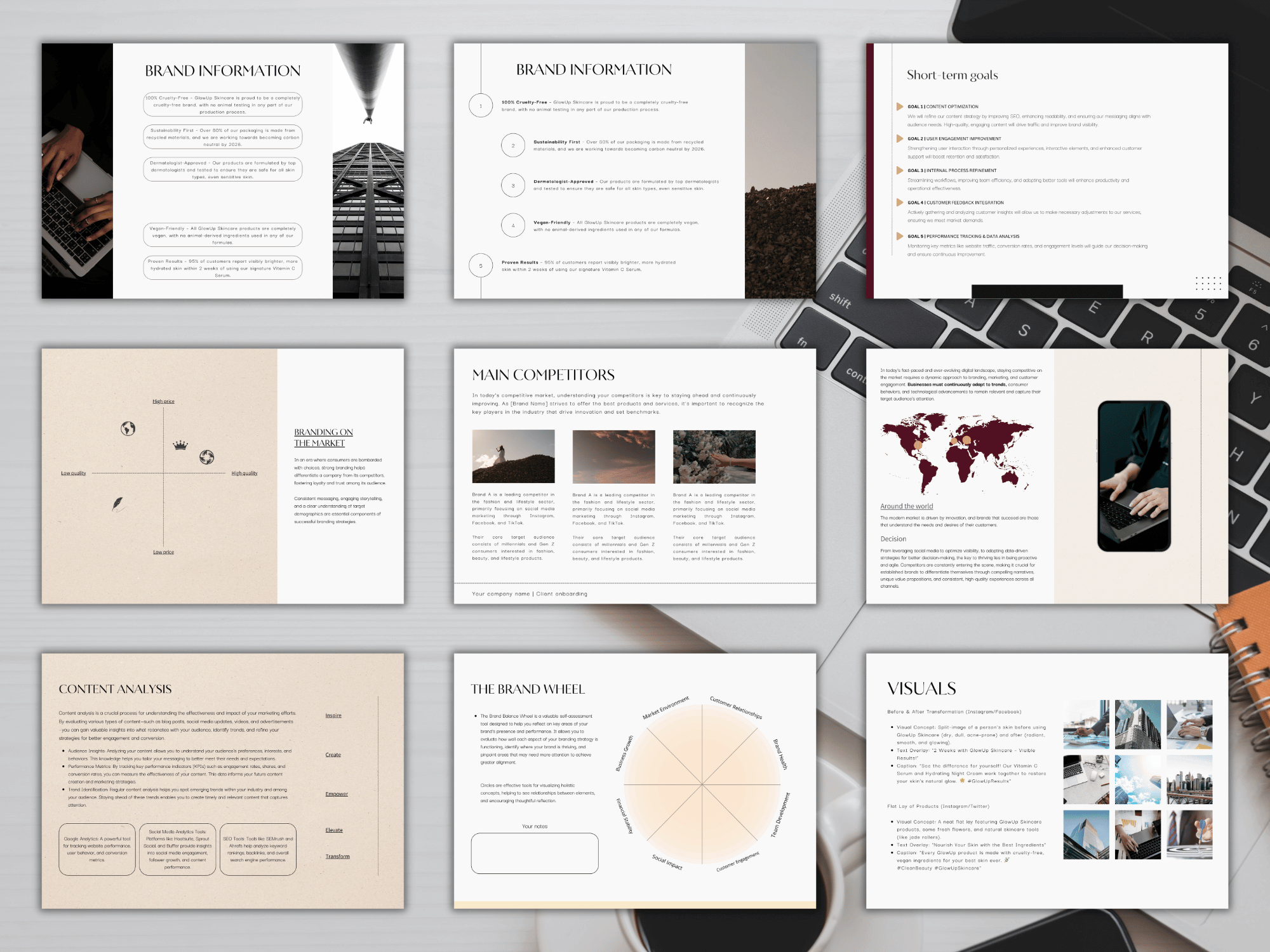 Collection of branded information sheets on a desk with a laptop.