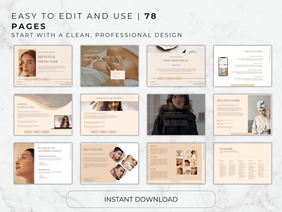 Collection of 78 pages with professional design on a light background