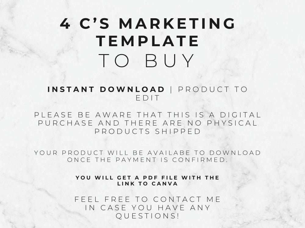 Text on a marble background about a 4 C's marketing template for instant download.