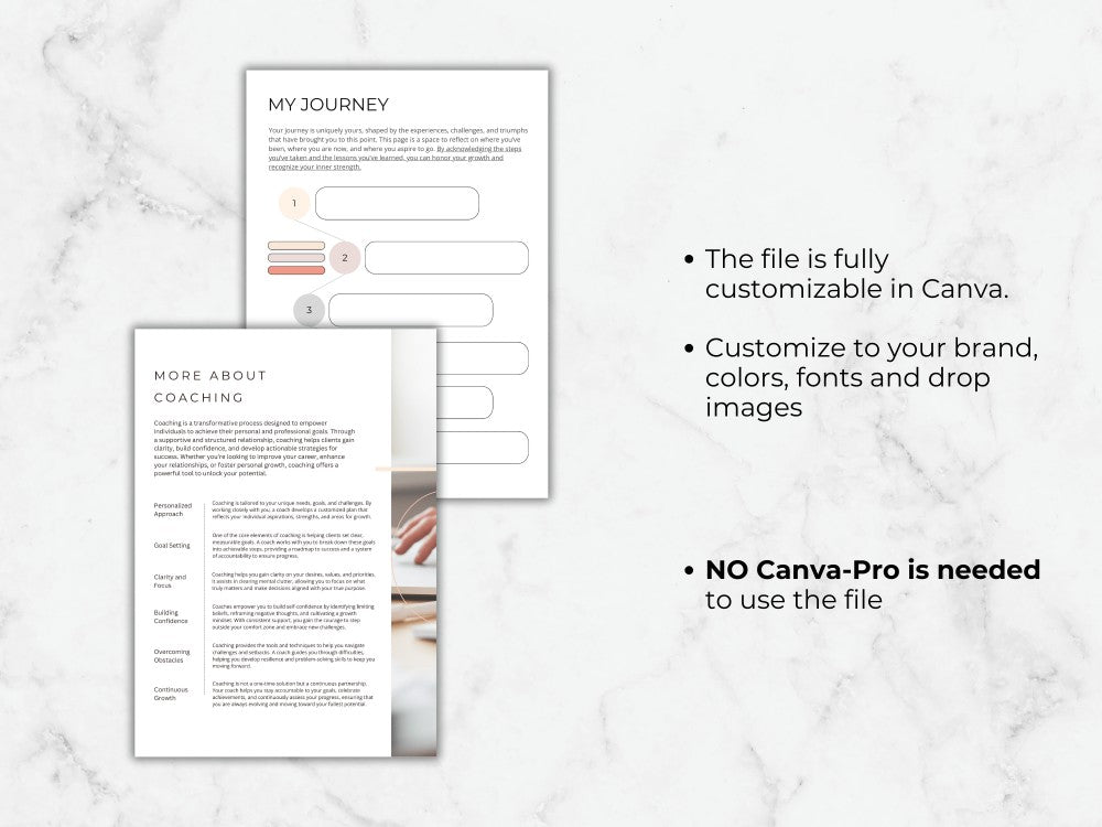 Two pages of a document on a marble surface with text about customization options.