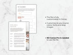 Two pages of a document on a marble surface with text about customization options.