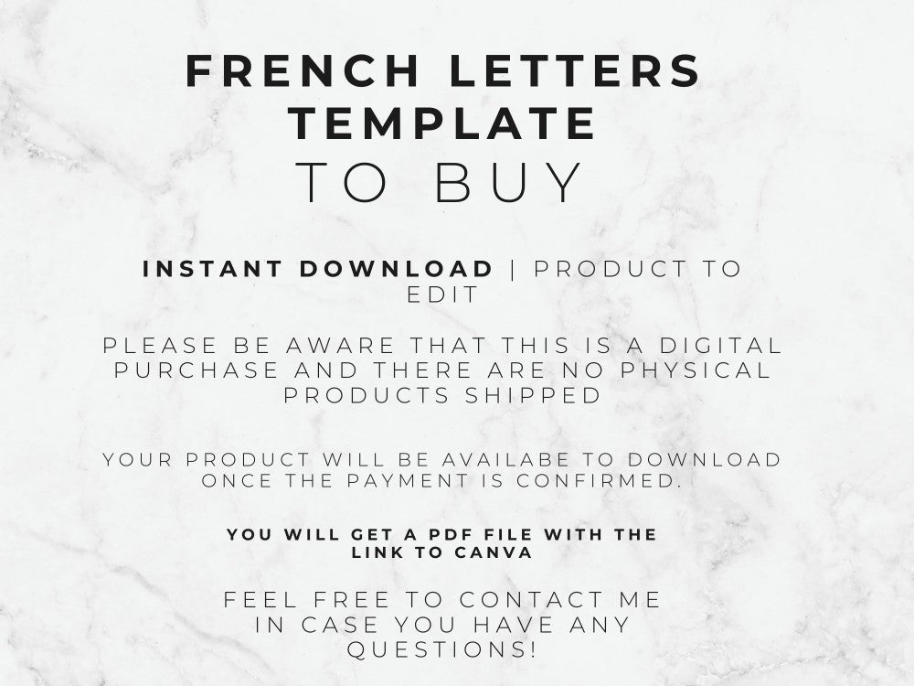 Text on a marble background about a French letters template for digital download.
