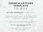 Text on a marble background about a French letters template for digital download.