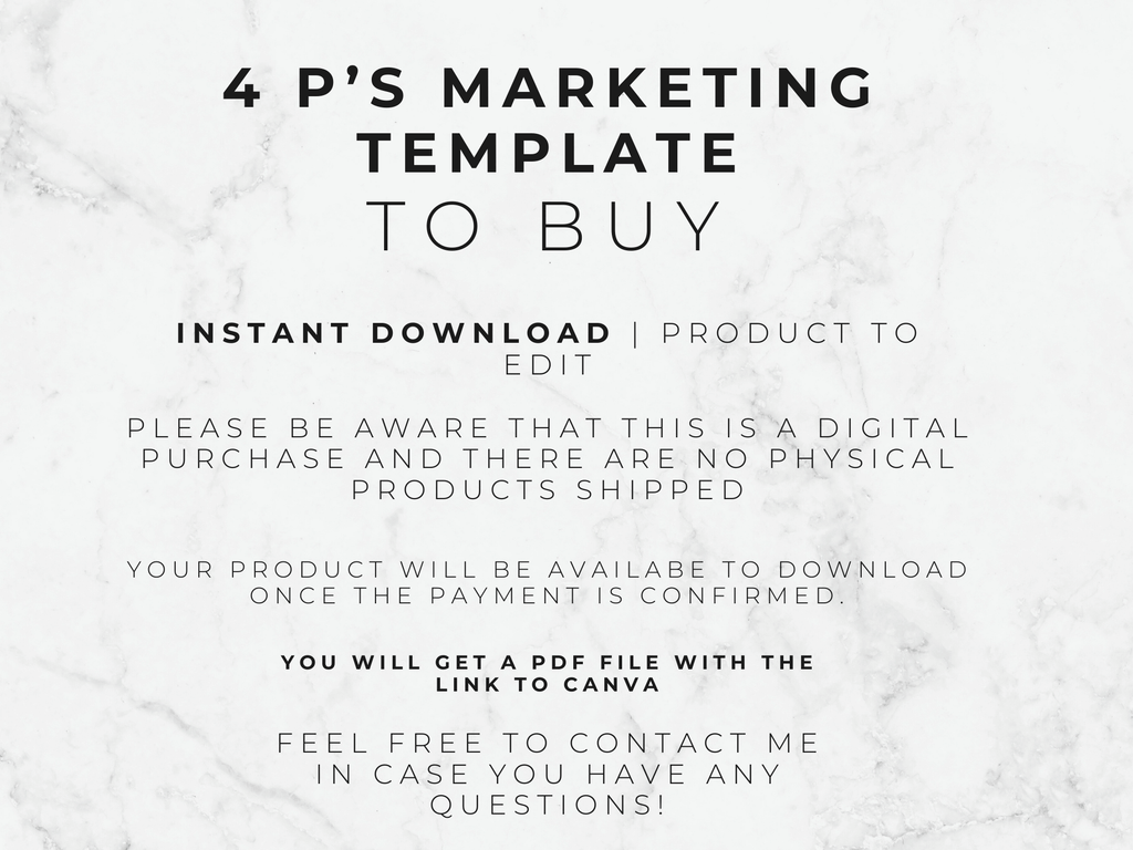 Text on a marble background about a '4 P's Marketing Template to Buy' with download information.