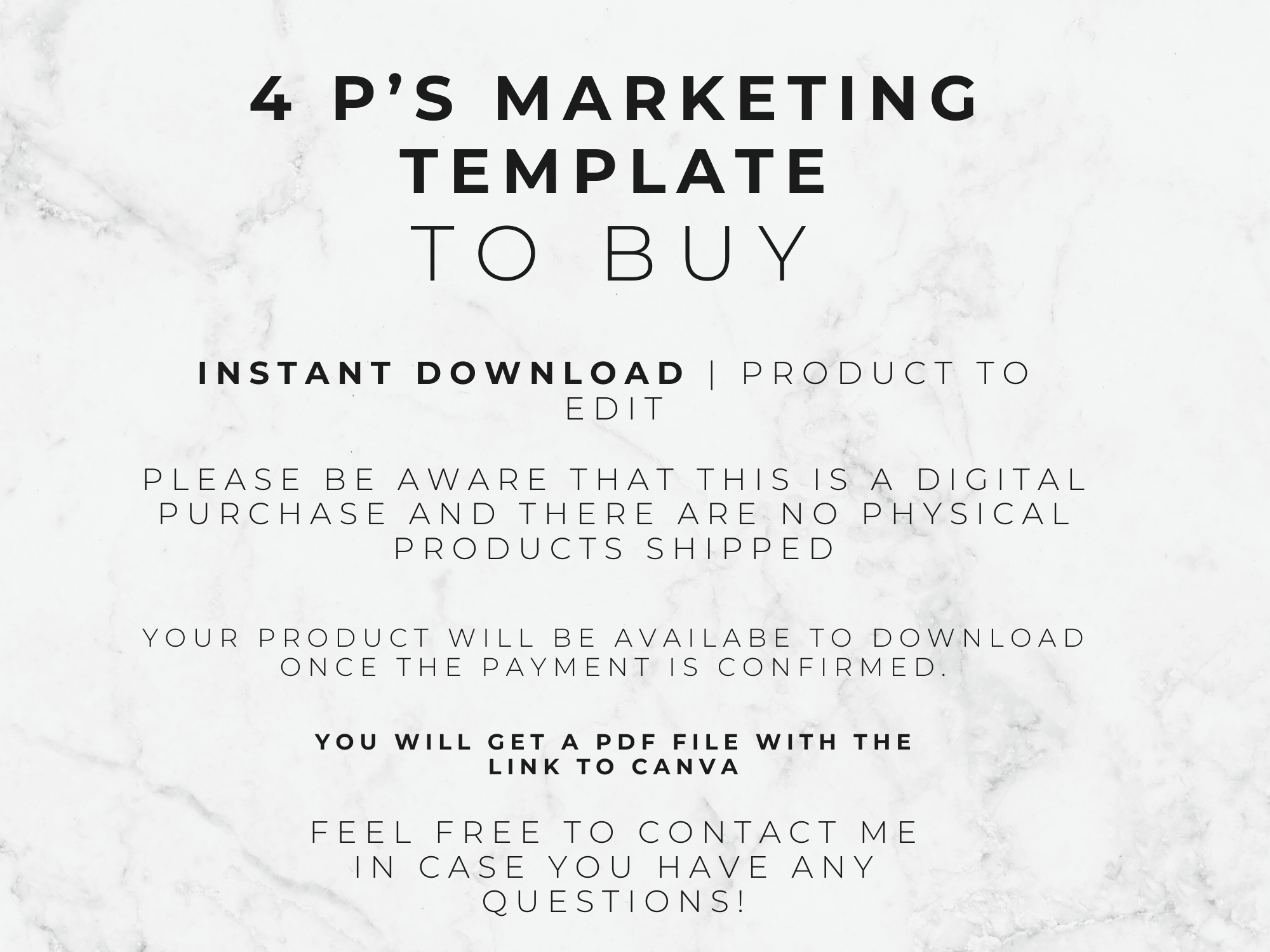 Text on a marble background about a '4 P's Marketing Template to Buy' with download information.