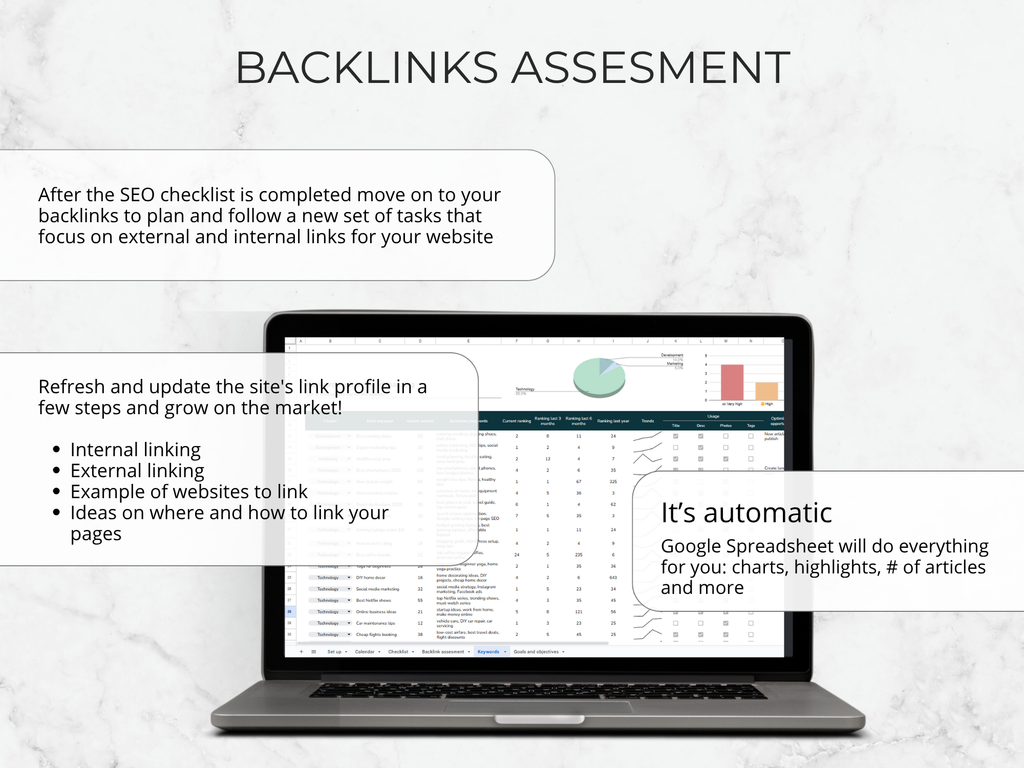 Laptop displaying a backlinks assessment tool with text on a light gray background