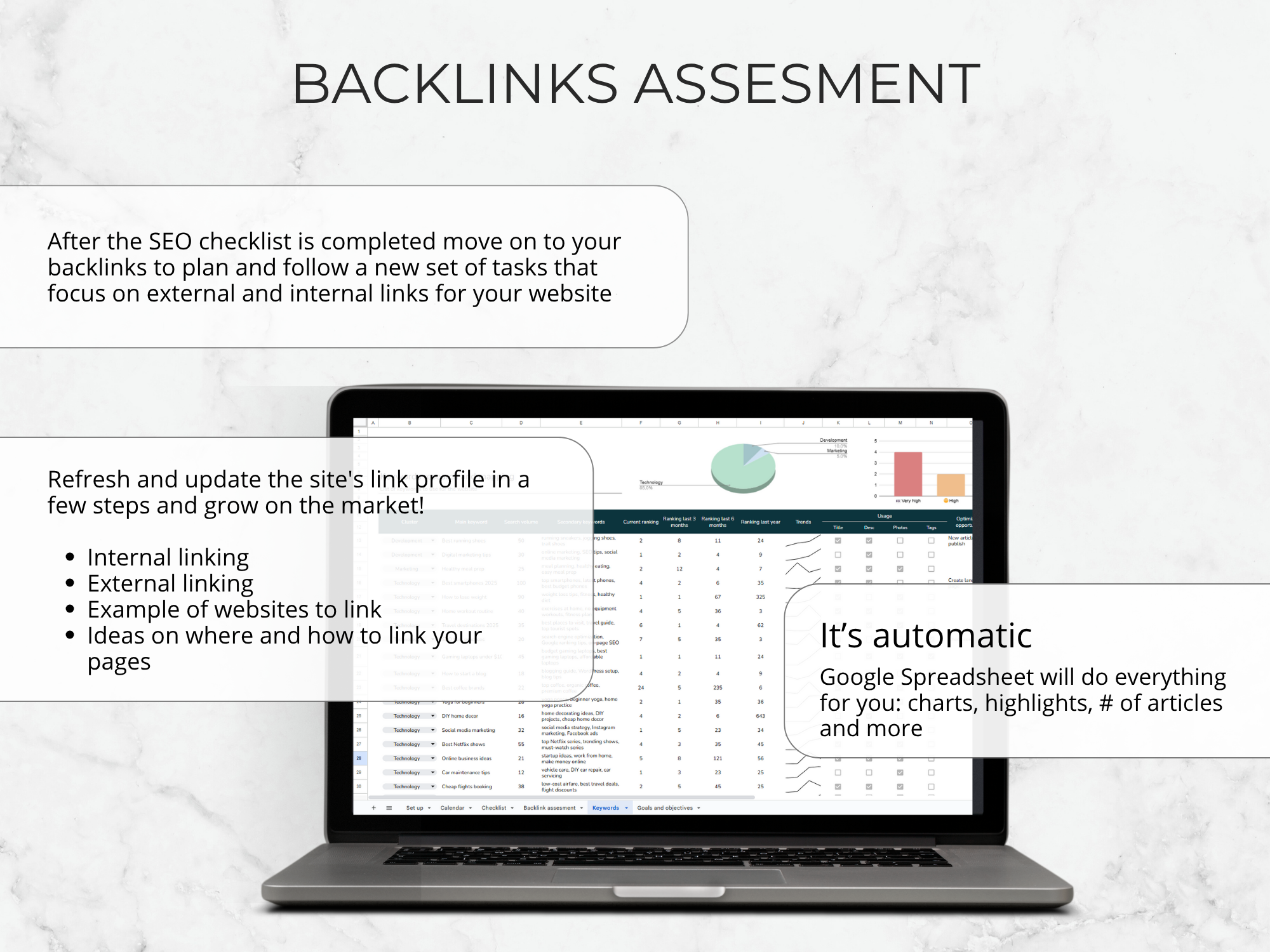 Laptop displaying a backlinks assessment tool with text on a light gray background