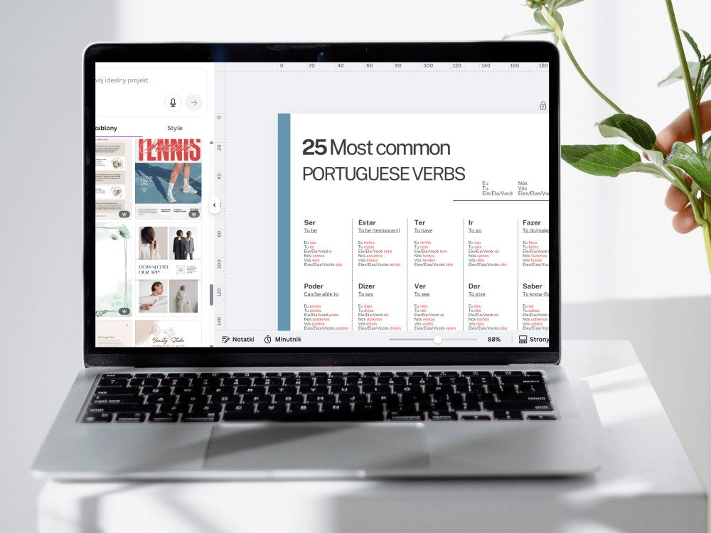 Laptop displaying a webpage about Portuguese verbs on a white surface with a plant.