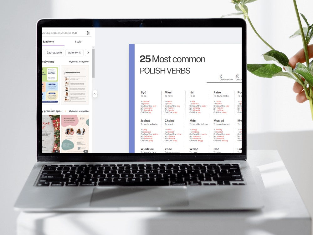 Laptop displaying a webpage with '25 Most common POLISH VERBS' on a white surface.