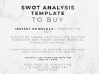 Text on a marble background describing a SWOT analysis template for digital download.