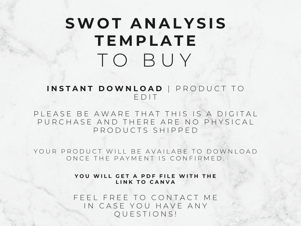 Text on a marble background describing a SWOT analysis template for digital download.