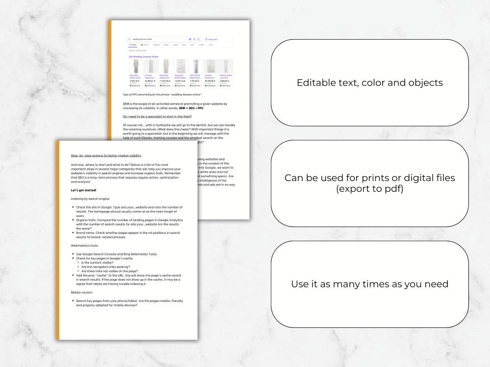 Two document pages with text and graphics on a marble background