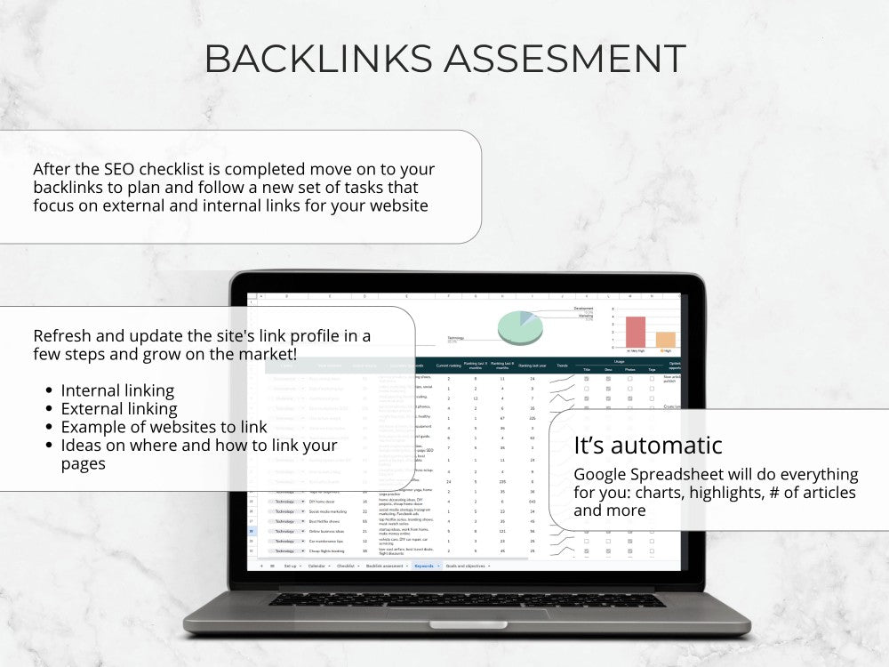 Laptop displaying a Google Spreadsheet with backlinks assessment on a light gray background