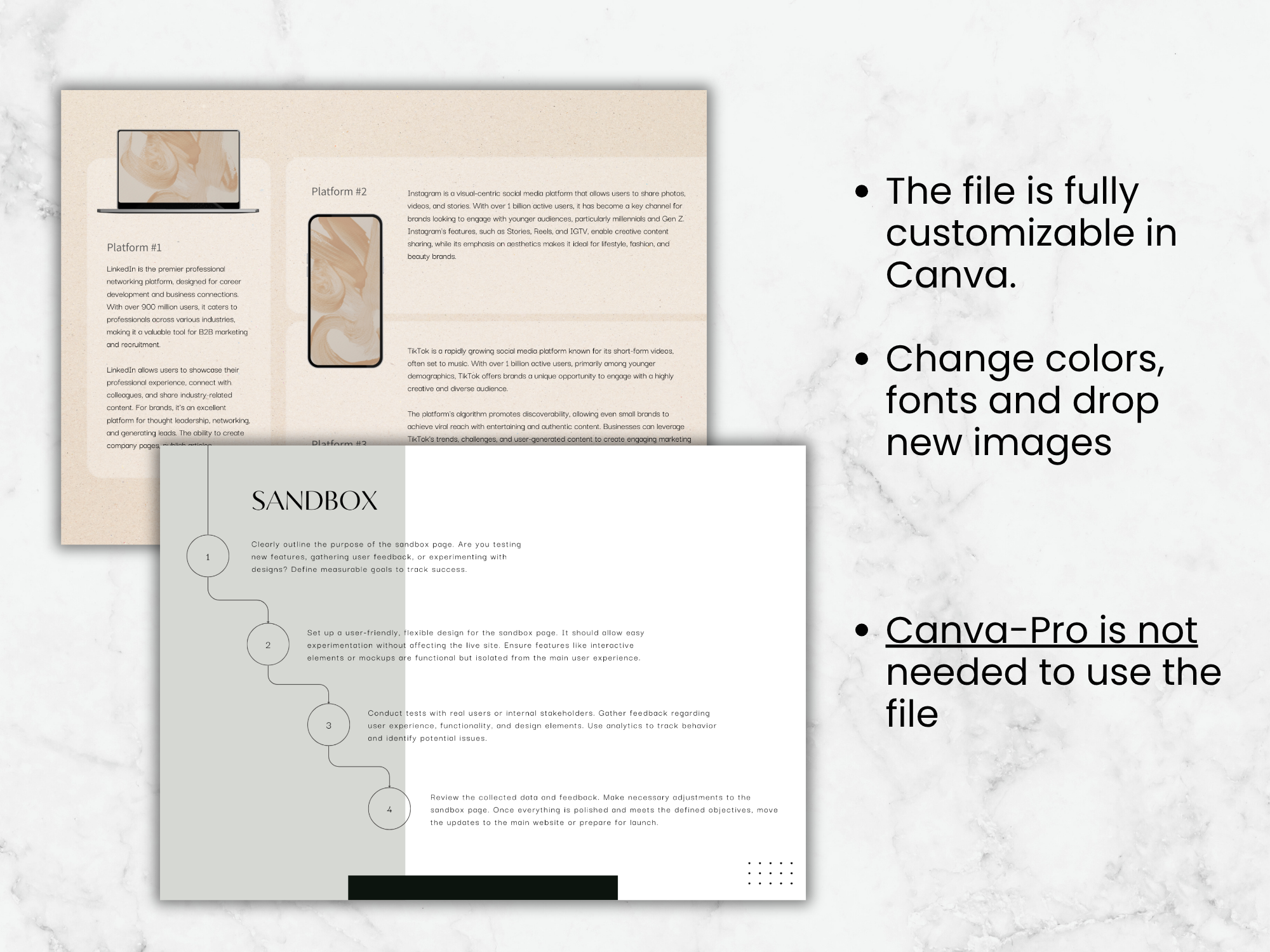Two design templates on a marble background with text about Canva customization.