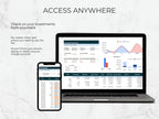 Laptop and smartphone displaying investment tracking software with text 'Access Anywhere' on a light gray background.