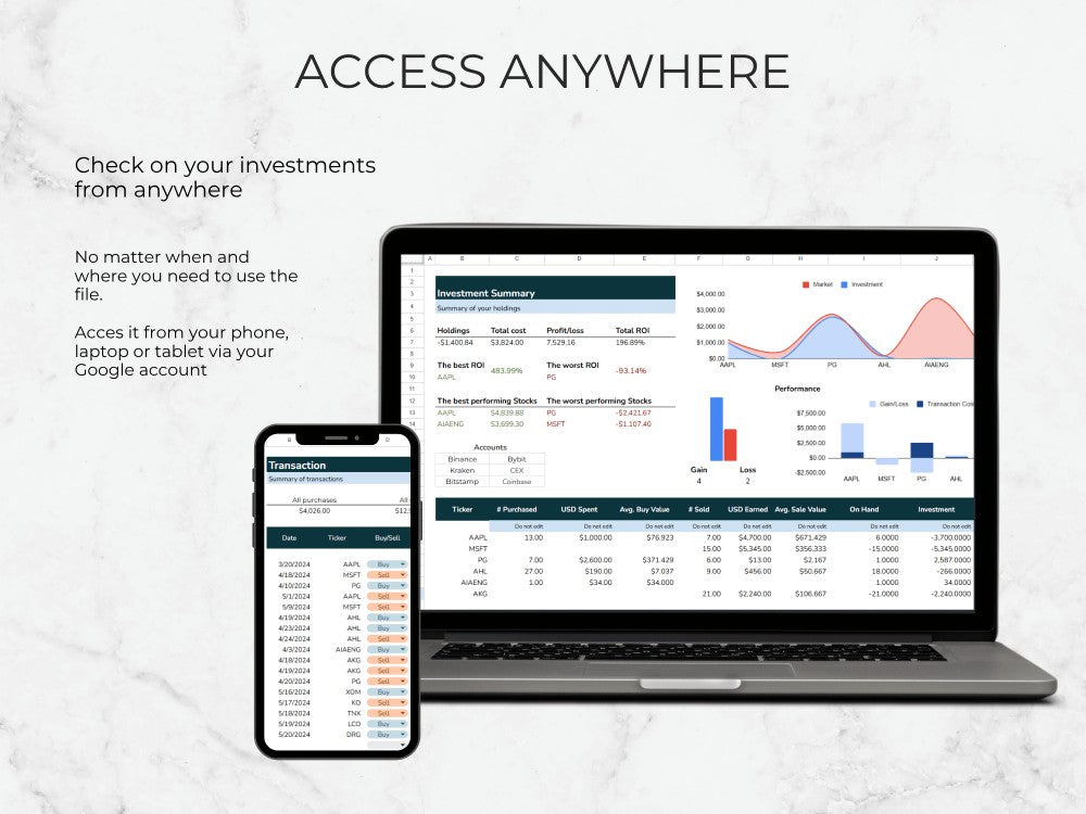 Laptop and smartphone displaying investment tracking software with text 'Access Anywhere' on a light gray background.